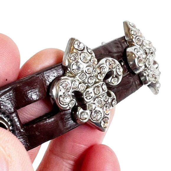 Brown Leather Bracelet w Rhinestone Fleur De Lis Rocker Chic Double Row Station - Picture 7 of 10